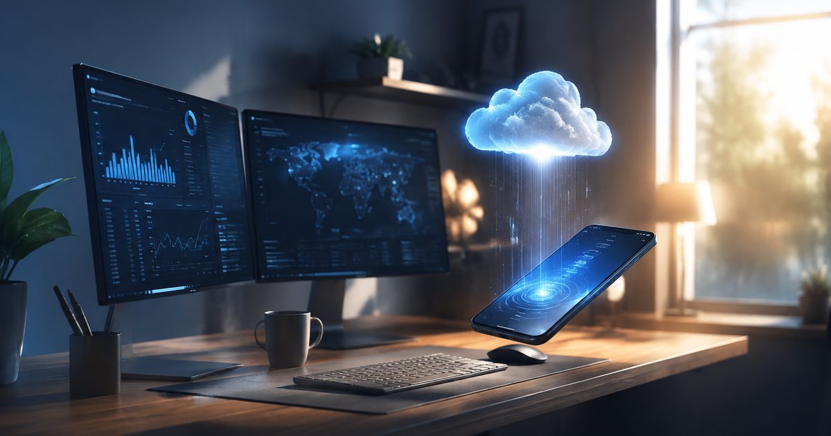 Modern desk with floating glowing smartphone representing cloud phone
