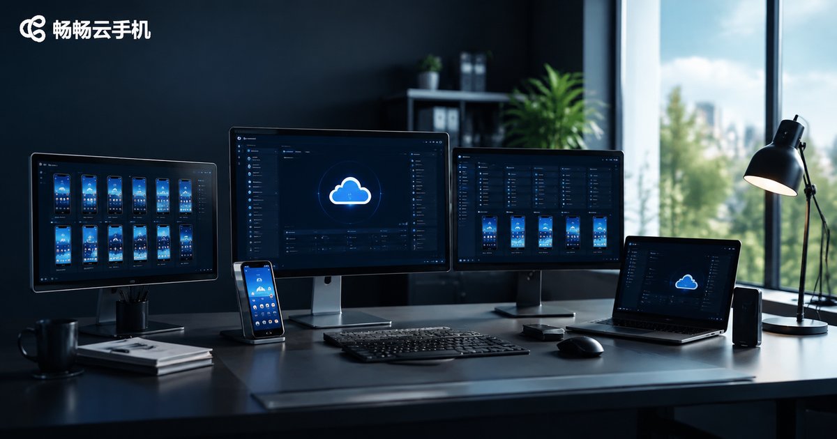 Modern tech workspace with cloud phone interfaces