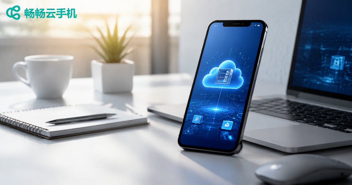 Modern desk with smartphone showing cloud interface