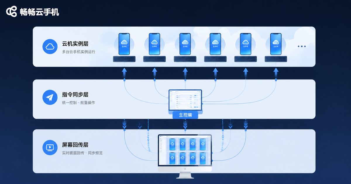云手机群控三层技术架构示意图