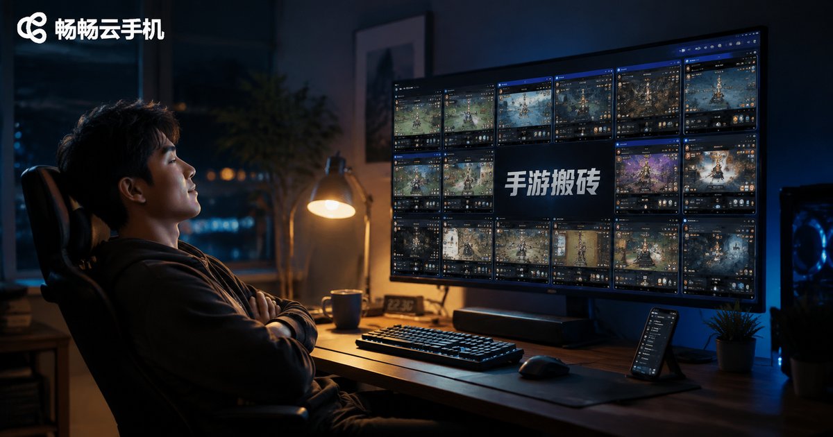 夜晚书房中,玩家通过云手机多开挂机搬砖的电影感场景