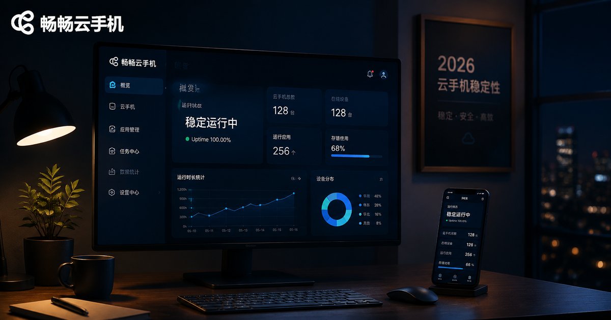 夜晚工作台上云手机稳定运行的电影感场景
