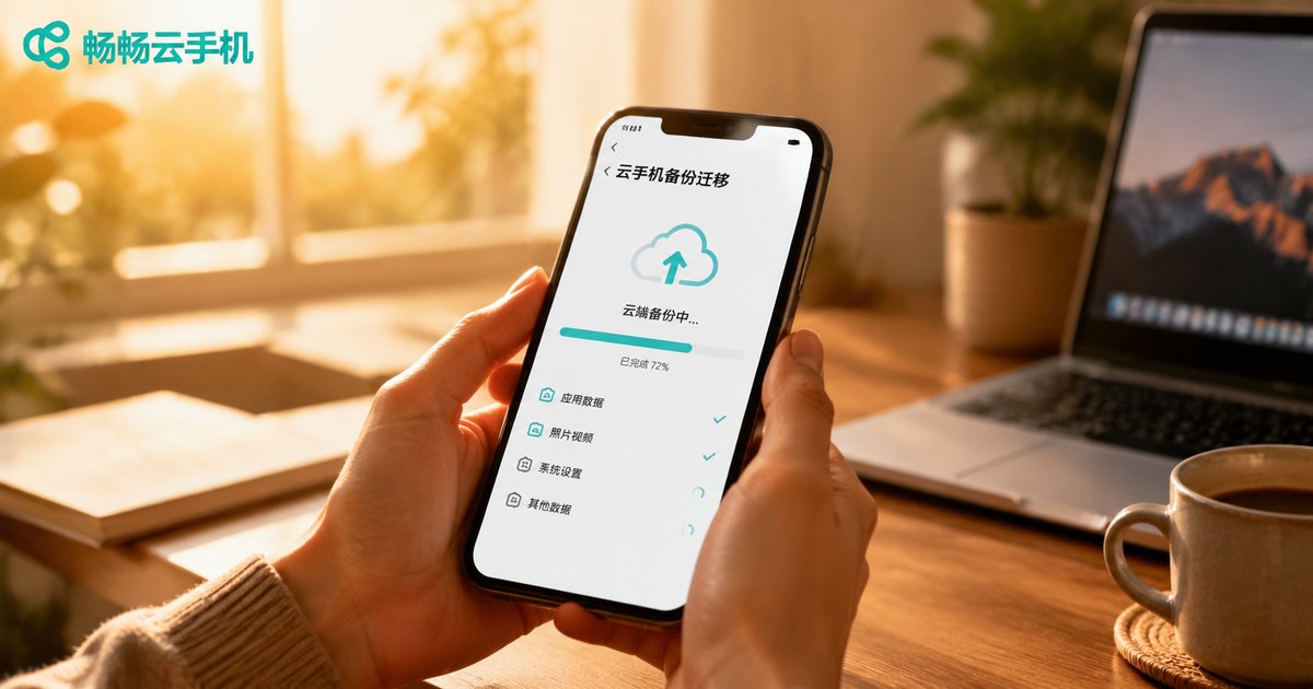 暖色自然光下手持手机查看云手机备份进度的场景照片