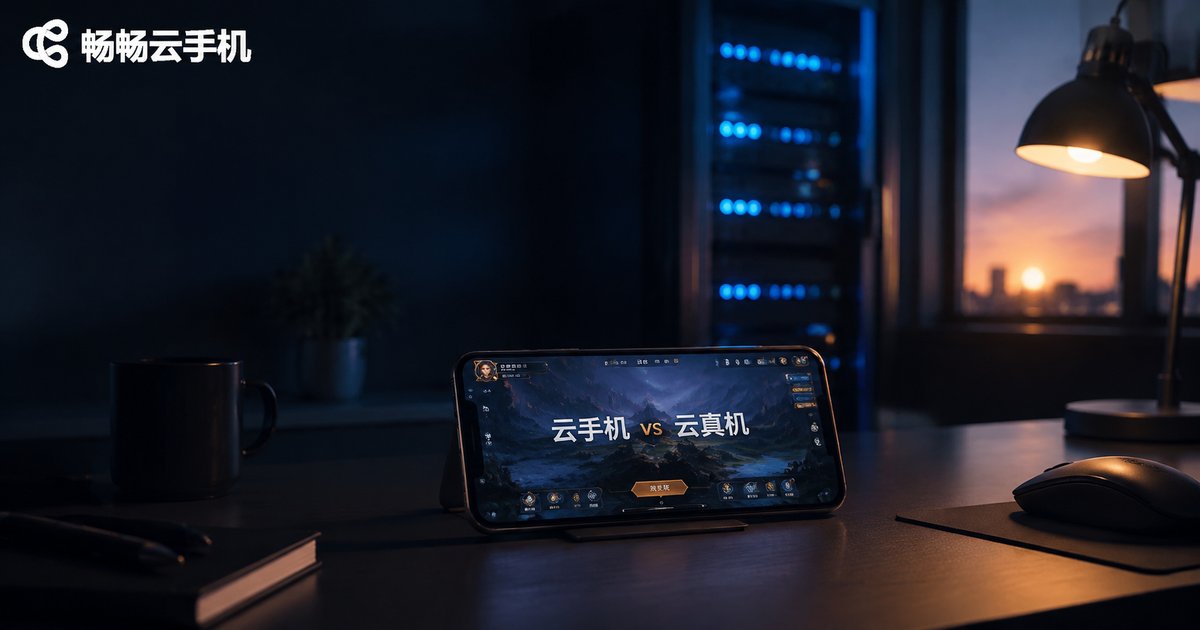 夜晚书桌上运行云游戏的手机与背景中发光的服务器机架
