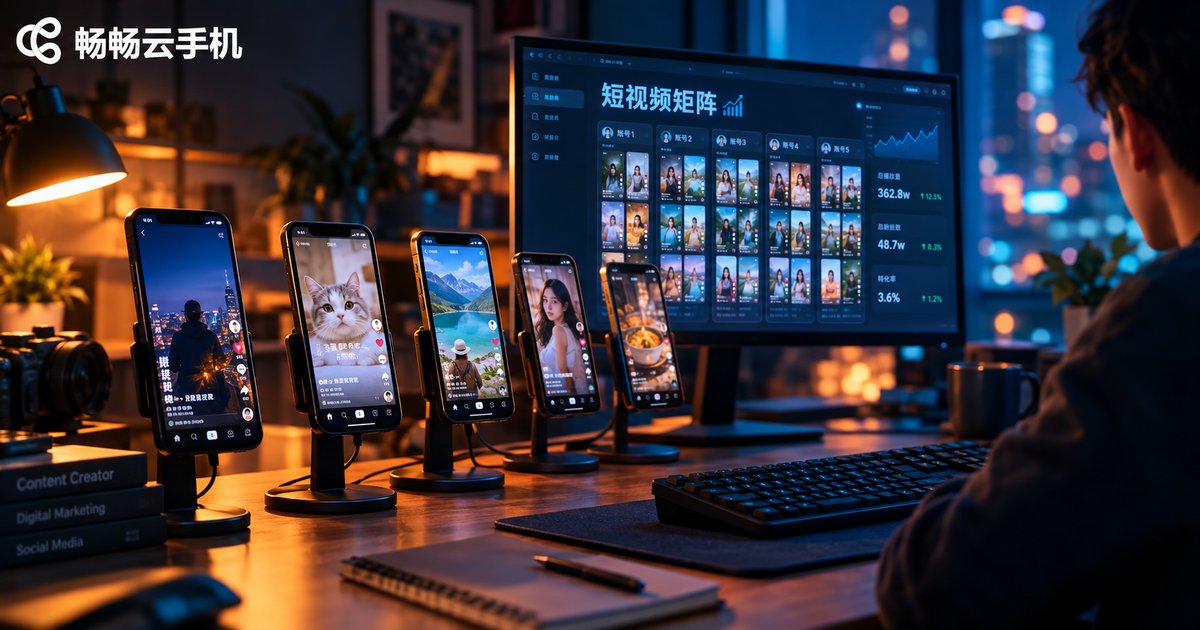 夜晚工作室中,创作者通过多台设备管理短视频矩阵账号