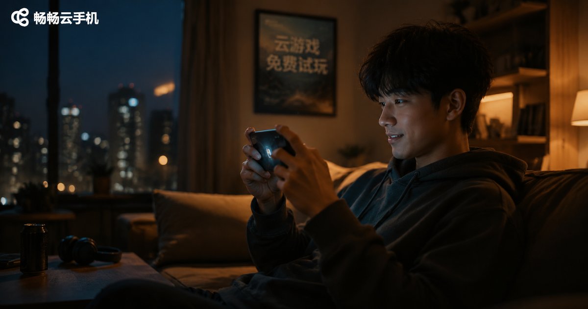 黄昏客厅中用手机畅玩云游戏的玩家