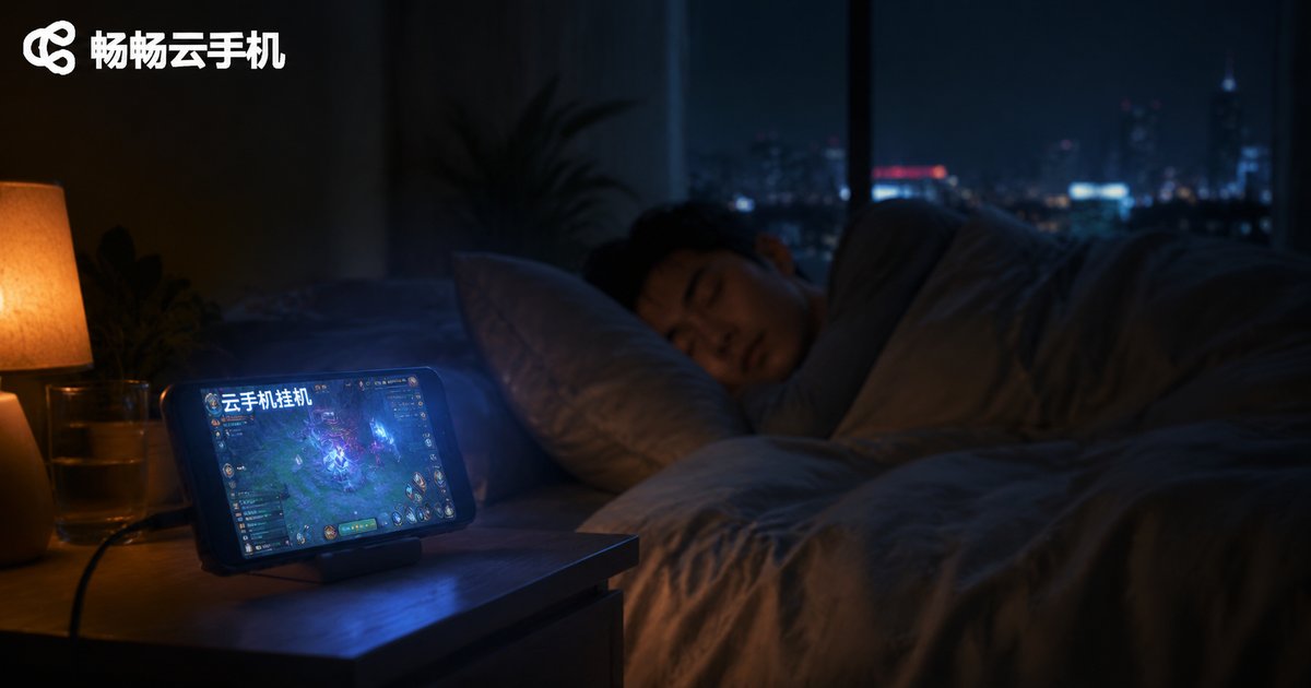 夜晚卧室中手机屏幕亮着游戏挂机界面的电影感照片