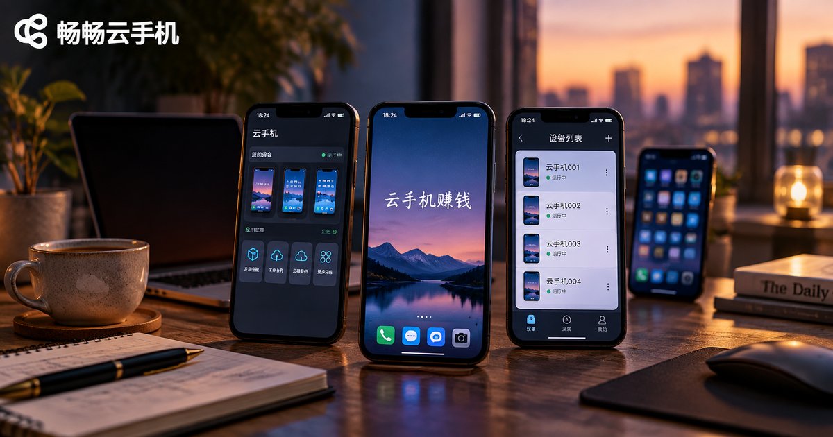 夜晚书桌上多台手机屏幕发光的云手机项目运营场景