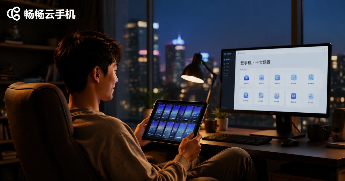 夜晚书房里,用户用平板远程管理多台云端安卓手机