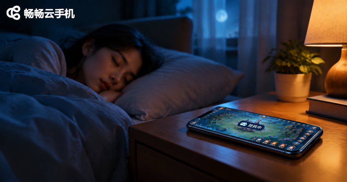 夜晚卧室中手机屏幕仍显示游戏挂机运行的电影感照片