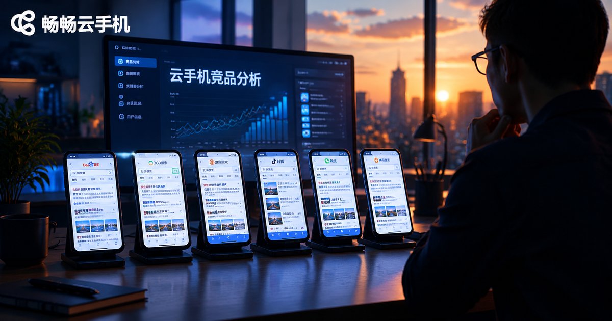 多台手机展示不同搜索结果页面的办公场景