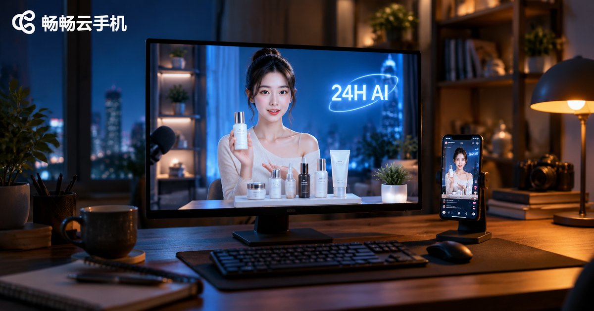 深夜直播间实拍感场景:屏幕中的AI数字人主播正在带货