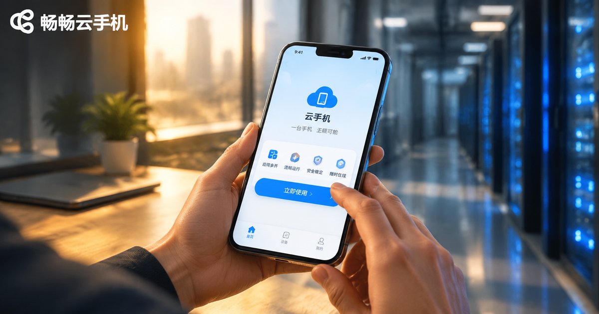 手持手机连接云手机,背景是云端数据中心