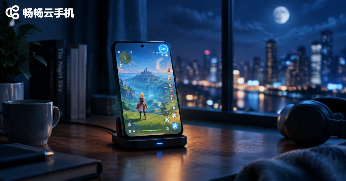 夜晚书桌上云手机7×24小时持续挂机的电影感场景