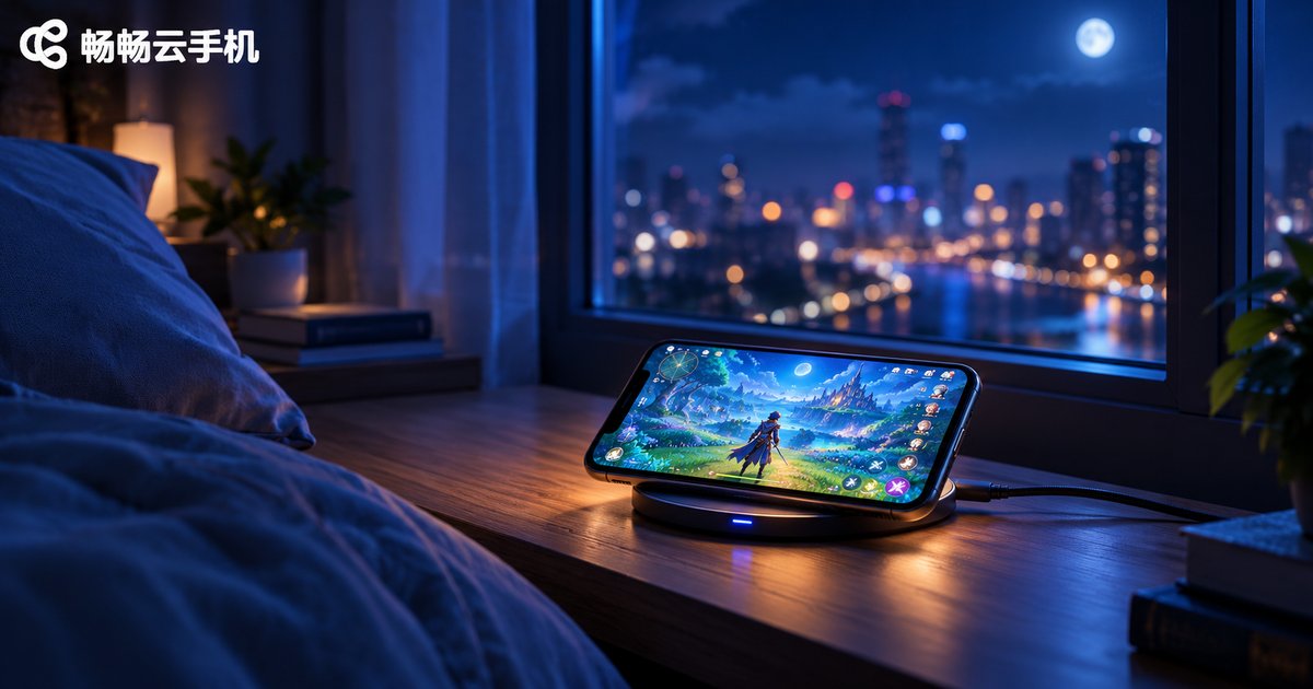 夜晚卧室中手机放在充电座上持续挂机运行游戏的电影感照片