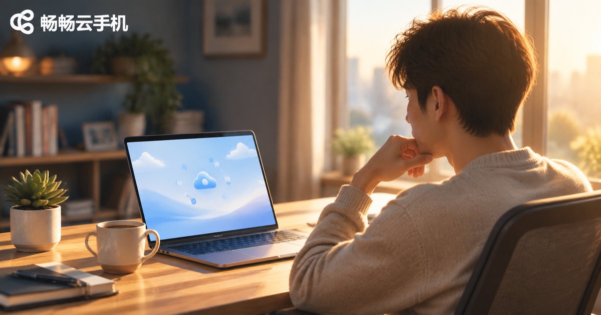 清晨阳光下,一位年轻人在明亮的居家办公桌前查看笔记本电脑上的云服务界面,桌上放着咖啡杯和绿植