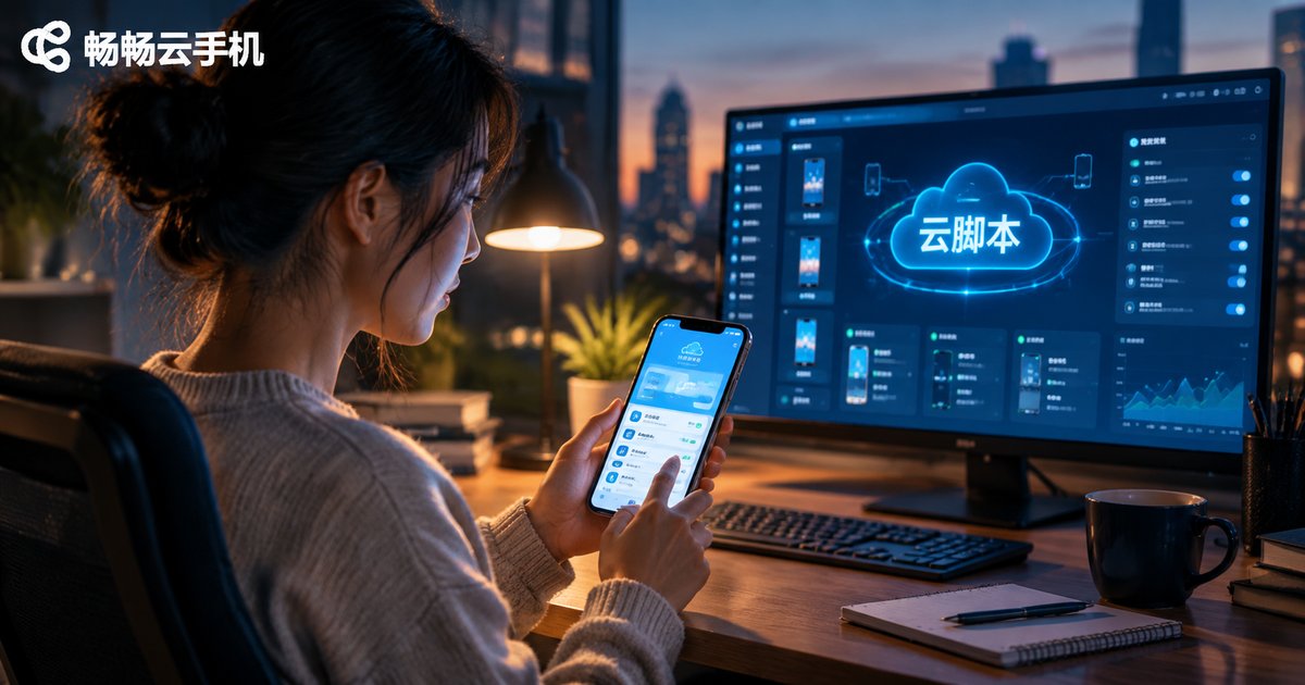 深夜书桌前用手机操作云脚本的场景照片