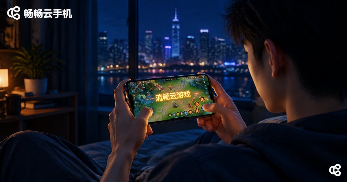 夜晚用云手机流畅玩游戏的年轻人