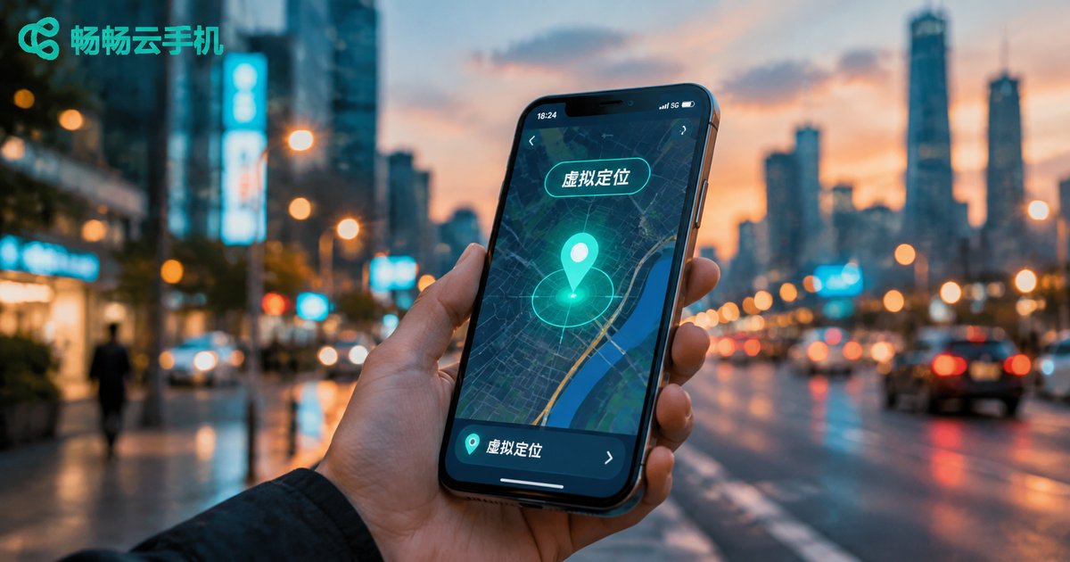 云手机虚拟定位:手机屏幕显示地图与发光的定位图标