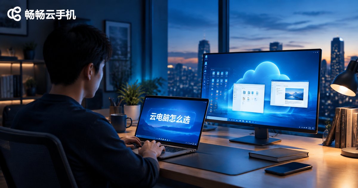云电脑平台对比：夜晚居家办公场景，笔记本与显示器呈现云端桌面
