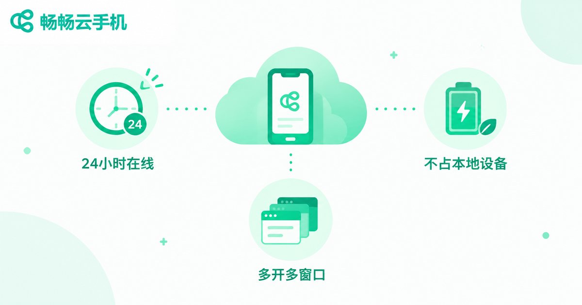 云手机跑脚本场景图：桌面亮屏手机与背景机房灯光