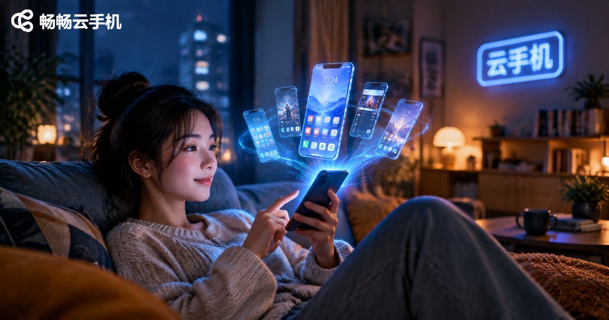 夜色中年轻人用手机操控云端云手机的电影感场景