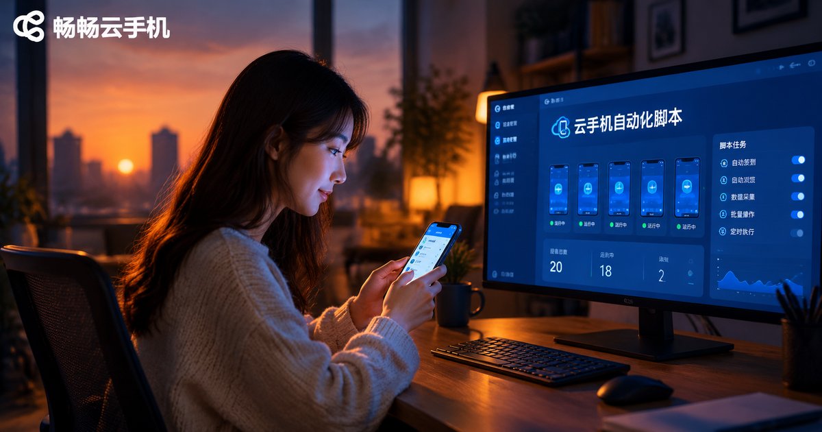 深夜书桌前用手机管理云手机自动化任务的电影感场景