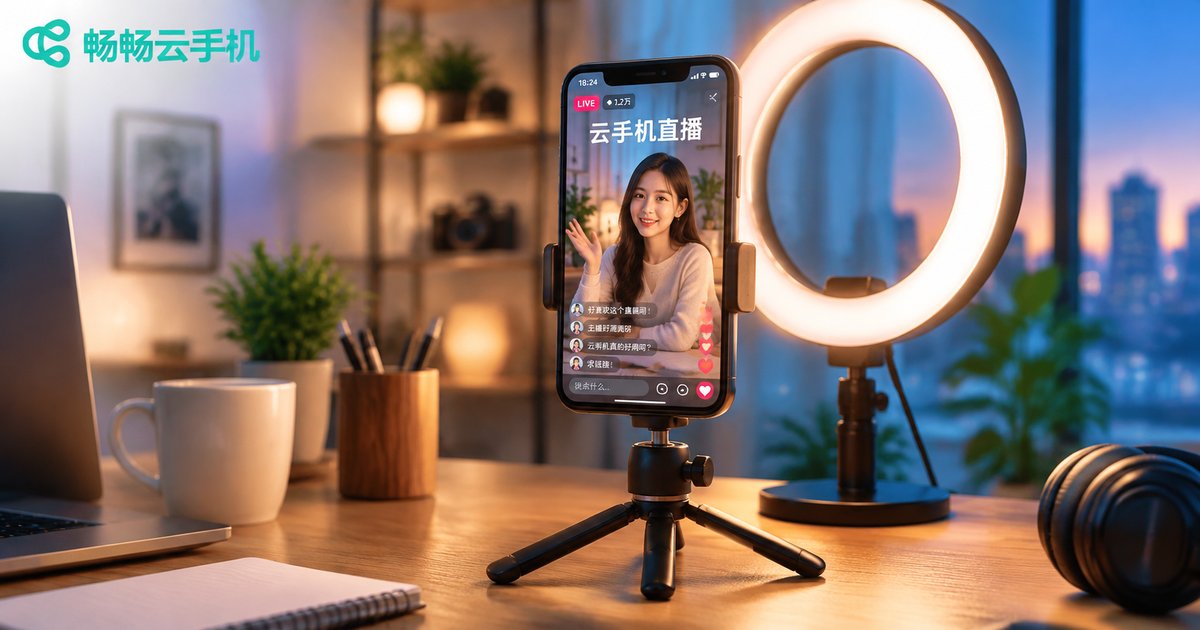 环形灯下的智能手机正在云手机直播，画面呈现推流设置场景