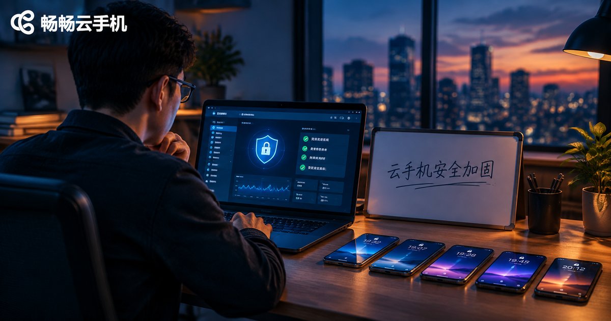 云手机安全加固教程封面：工作台上集中管理云手机账号安全