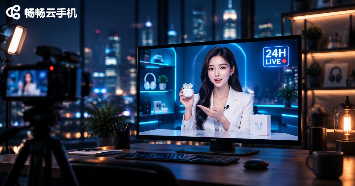 数字人直播间夜景,屏幕上的AI主播24小时不下播