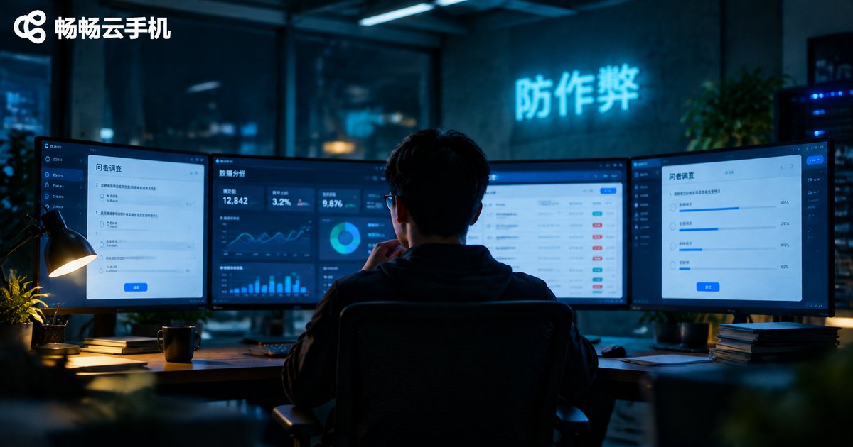 问卷平台风控人员在监控大屏前分析批量填写作弊数据