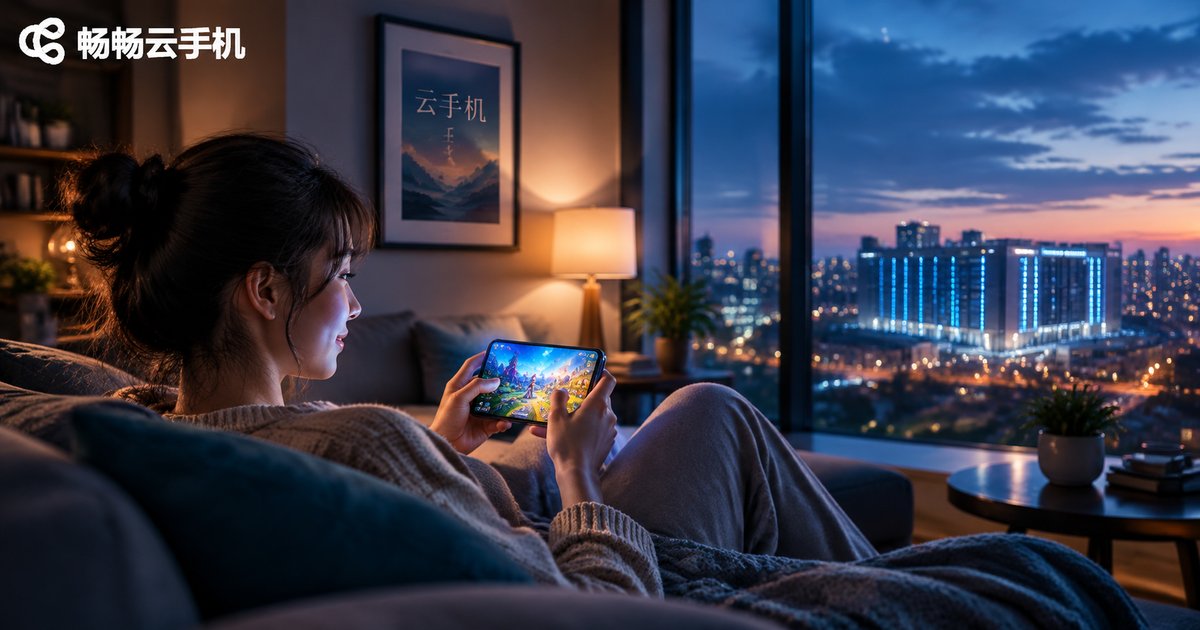 女子在沙发上通过手机连接云手机,窗外是城市夜景与数据中心