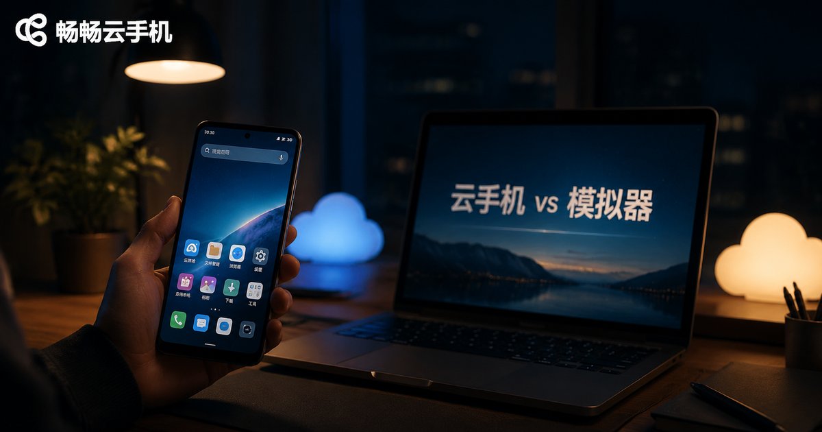 深夜书桌场景:手机与笔记本同时亮起,屏幕上呈现云手机与模拟器对比主题