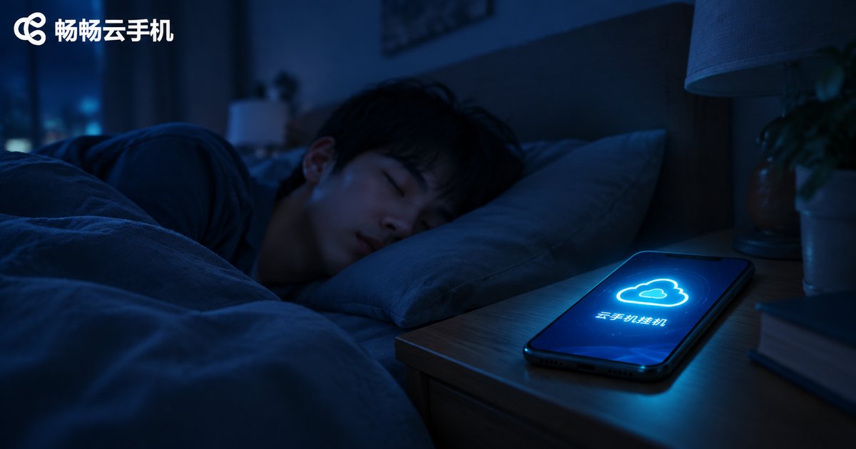 夜晚卧室里手机屏幕显示云手机挂机画面