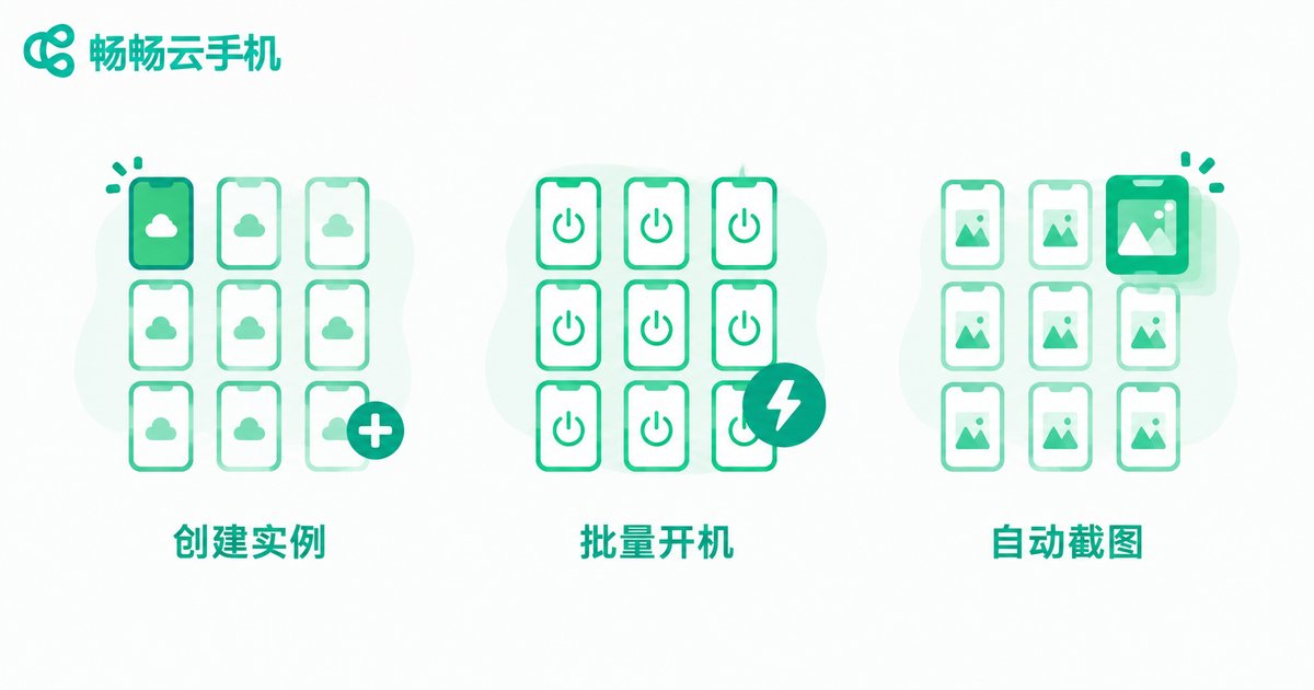云手机实例批量管理与自动截图功能示意图