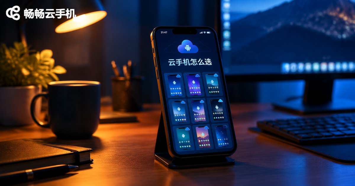 夜色书桌上正在运行云手机多开界面的手机特写