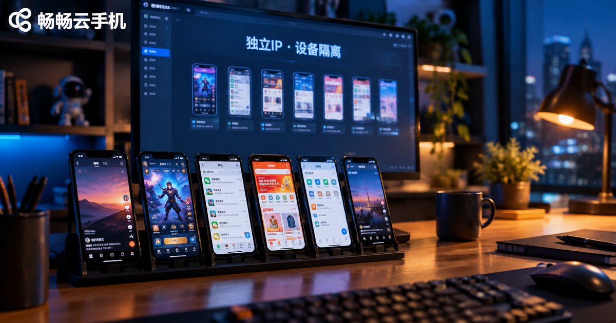 夜色工作台上多台手机与显示独立IP设备隔离界面的显示器