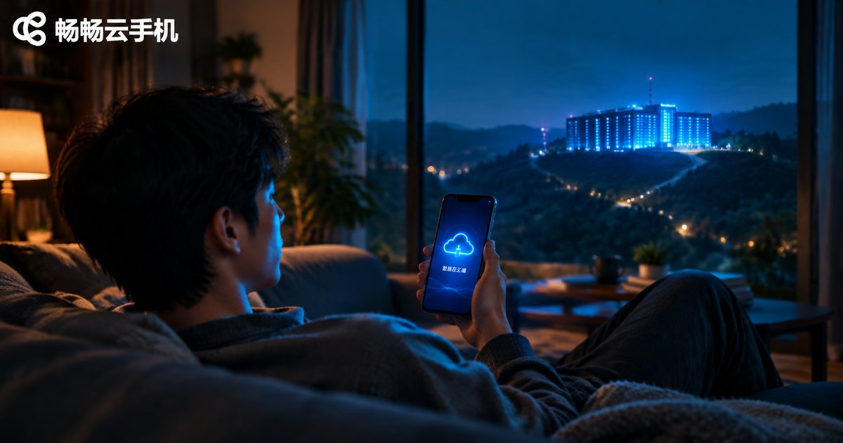 夜晚沙发上用手机连接云端数据中心，数据安全留存