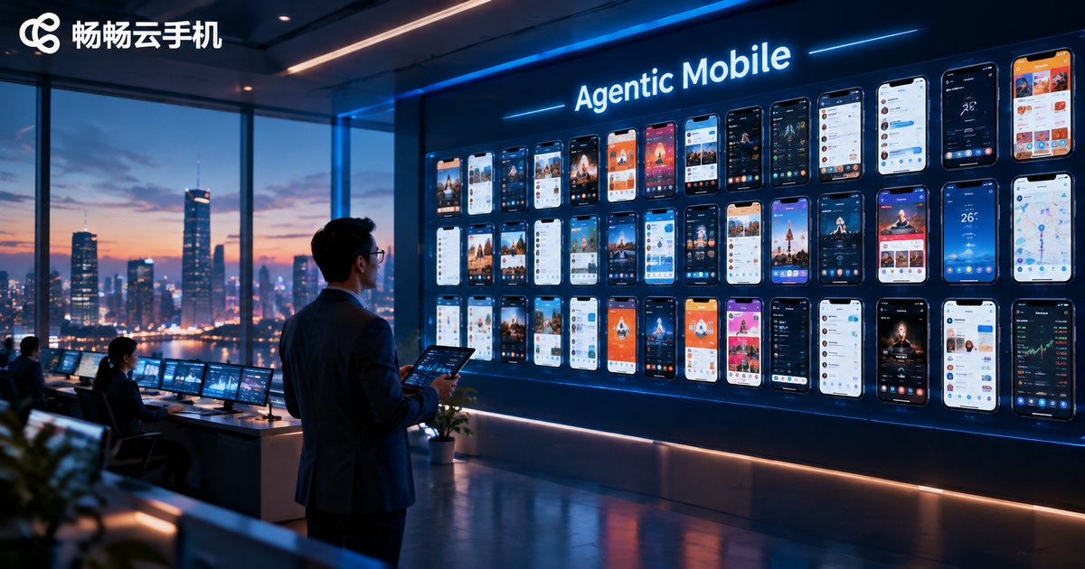 企业指挥中心大屏同时运行数十台云手机，展现Agentic Mobile自动化调度场景