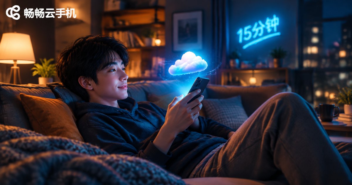 夜晚沙发上使用云手机的场景，体现按15分钟弹性计费