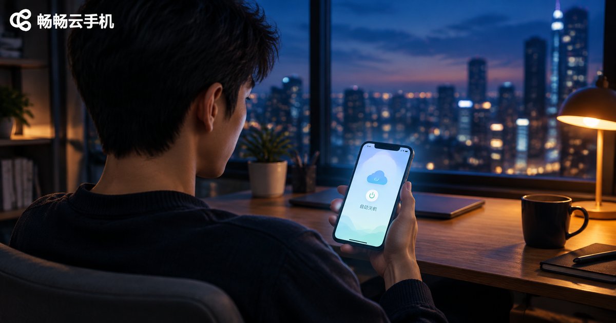 夜晚窗边用手机设置云手机闲置自动关机的真实场景