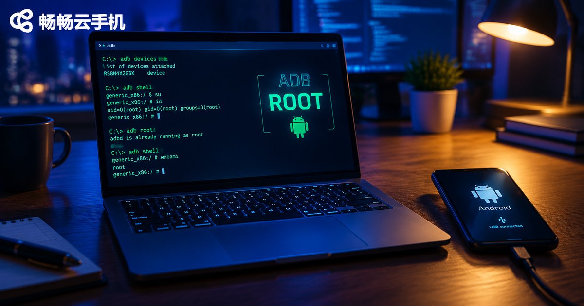 开发者深夜用ADB调试云手机，屏幕显示root权限命令