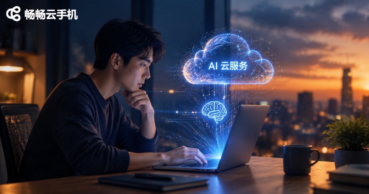 黄昏书桌前,笔记本上方悬浮着AI云服务全息云图