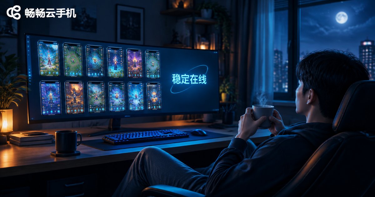 深夜工作台上多屏云手机稳定在线挂机场景
