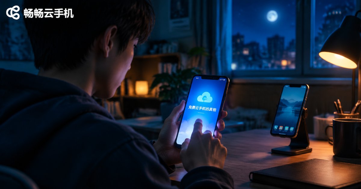深夜房间里年轻人手持发光云手机，屏幕自然呈现免费云手机的真相