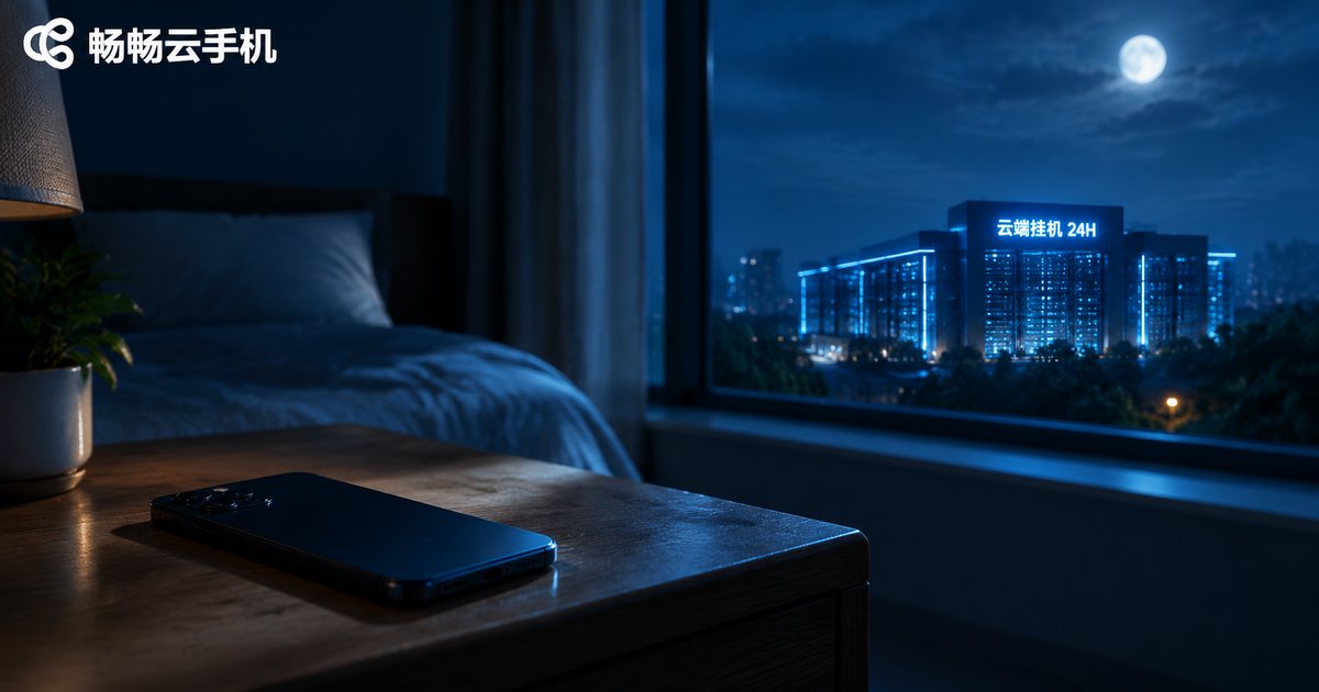 深夜卧室里手机静置在床头，窗外远处机房亮灯，云端挂机24小时运行