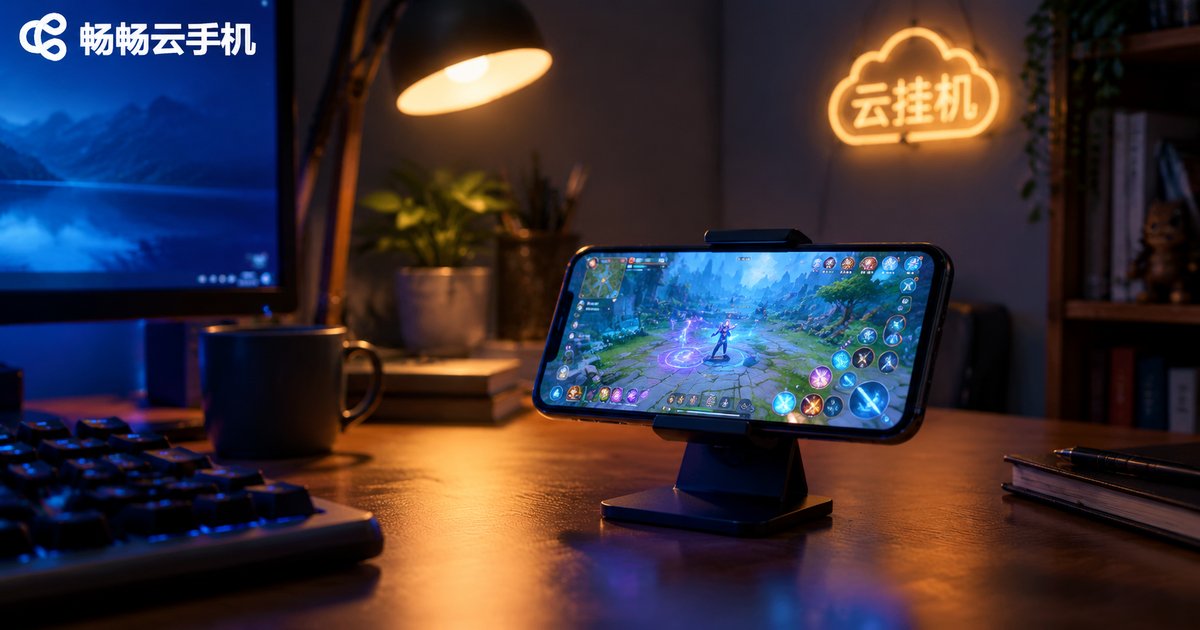 深夜书桌上正在云端挂机运行游戏的手机
