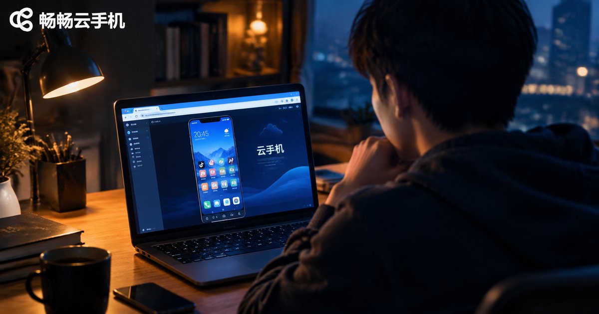 笔记本电脑浏览器中运行云手机的电影感场景图